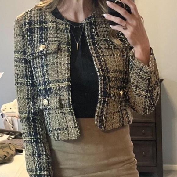 Classic Plaid Print Tweed Open Front Jacket Coat - Picture 2 of 10
